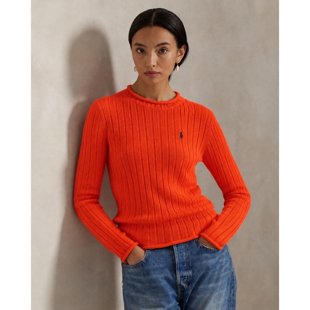 Polo Ralph Lauren Orange Ribbed Cotton Roll Neck Sweater Womens Medium Pony Logo
